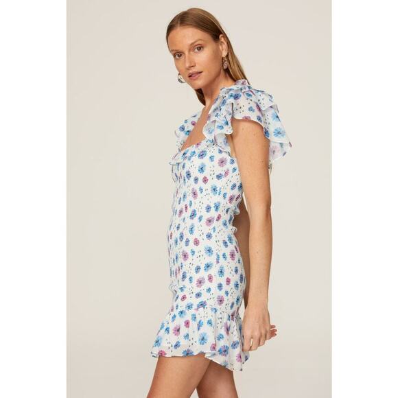 LoveShackFancy Kodie Dress Smocked Flutter Sleeve Blue Printed  L - Picture 2 of 12